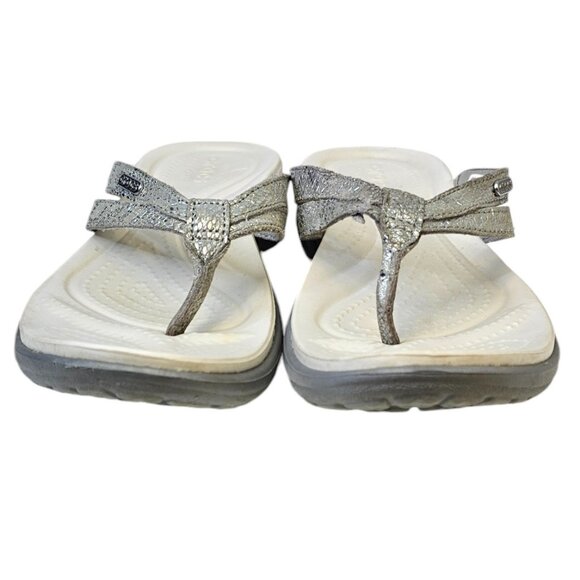 CROCS Womens Capri Flip Flop Size 7 Silver Thong Slip On Comfort - Picture 4 of 9